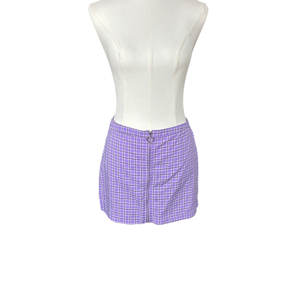Kik Purple Plaid Mini Skirt Heart Zipper Pull Front Zip Checkered Medium